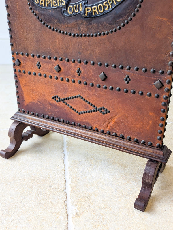 Antique Oak & Leather Malvern College Heraldic Fire Screen c.1920