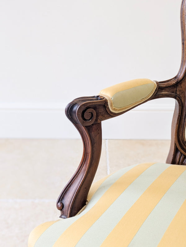 Pair of Antique Victorian Walnut Louis XV Style Open Armchairs c.1880