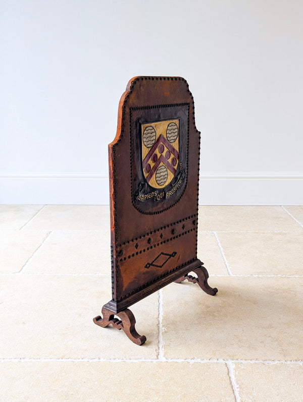 Antique Oak & Leather Malvern College Heraldic Fire Screen c.1920