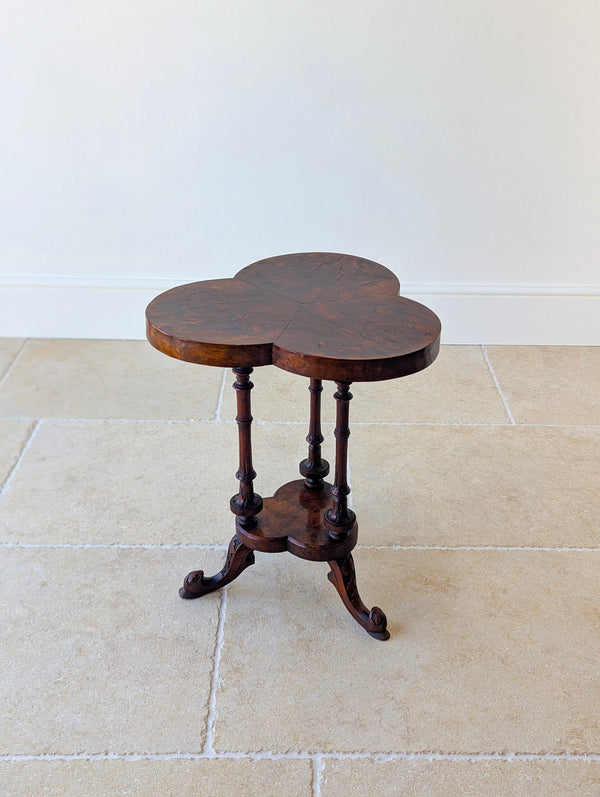 Antique Victorian Burr Walnut Trefoil Occasional Table c.1860