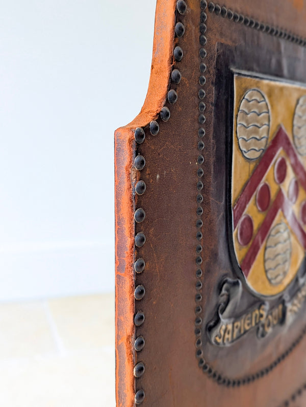 Antique Oak & Leather Malvern College Heraldic Fire Screen c.1920