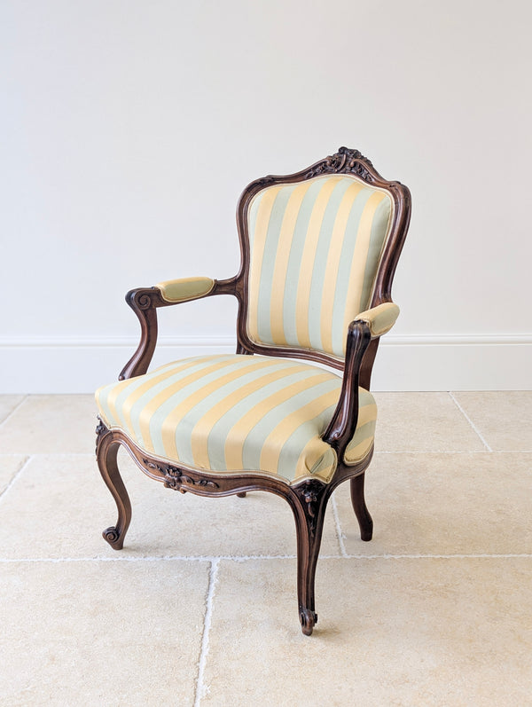 Pair of Antique Victorian Walnut Louis XV Style Open Armchairs c.1880