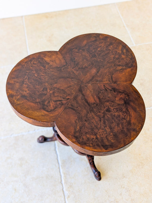 Antique Victorian Burr Walnut Trefoil Occasional Table c.1860