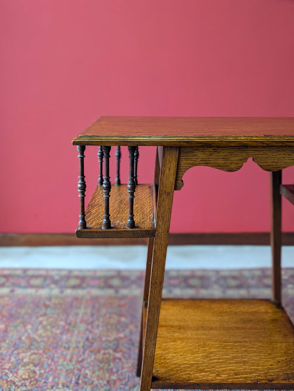 Antique Arts & Crafts Oak Side Table with Bookshelves