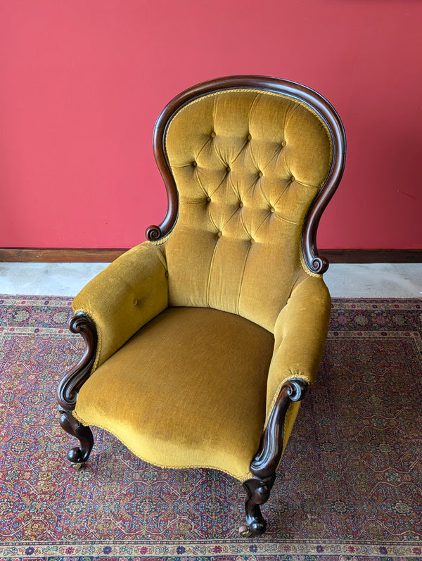 Antique Early Victorian Carved Mahogany Button Back Fireside Gentleman’s Armchair