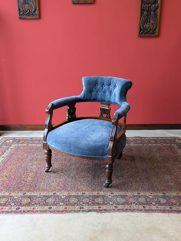 Antique Victorian Mahogany Blue Tub Chair