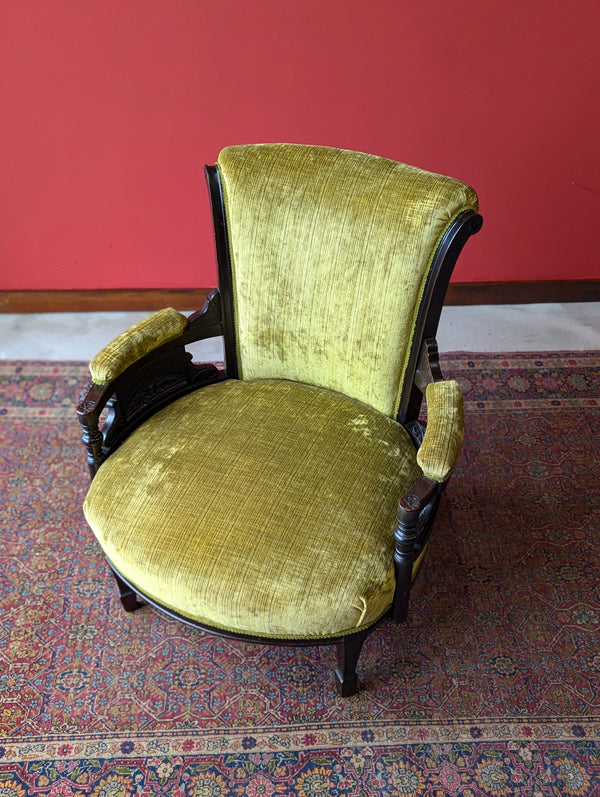 Antique Victorian Green Upholstered Mahogany Easy Chair / Cocktail Chair