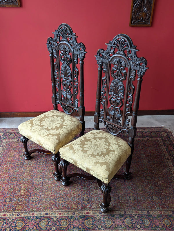 Pair of Antique Late 19th Century Oak William & Mary Style High Back Side Chairs