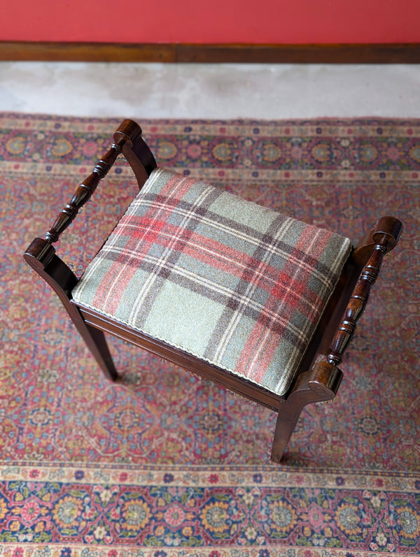 Antique Edwardian Dark Mahogany Tartan Upholstered Piano Stool with Storage