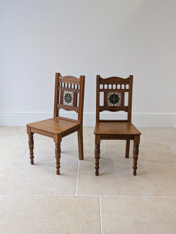Antique Victorian Oak Side Chairs with Ceramic Tile Backs c.1890
