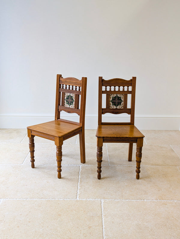 Antique Victorian Oak Tile-Back Hall Chairs c.1890
