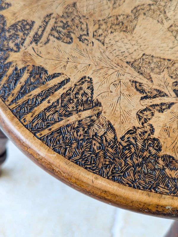 Antique Late Victorian Beech & Ash Pokerwork Stool c.1890