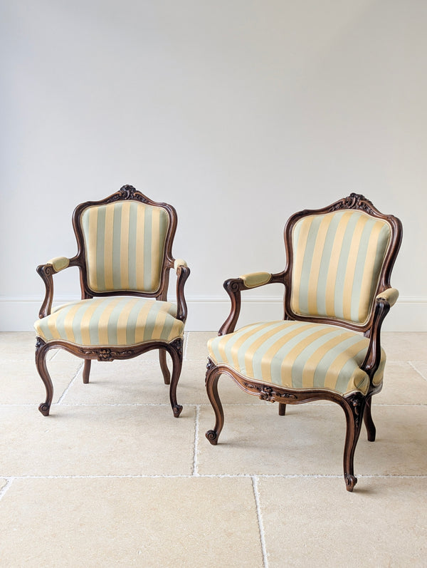 Pair of Antique Victorian Walnut Louis XV Style Open Armchairs c.1880