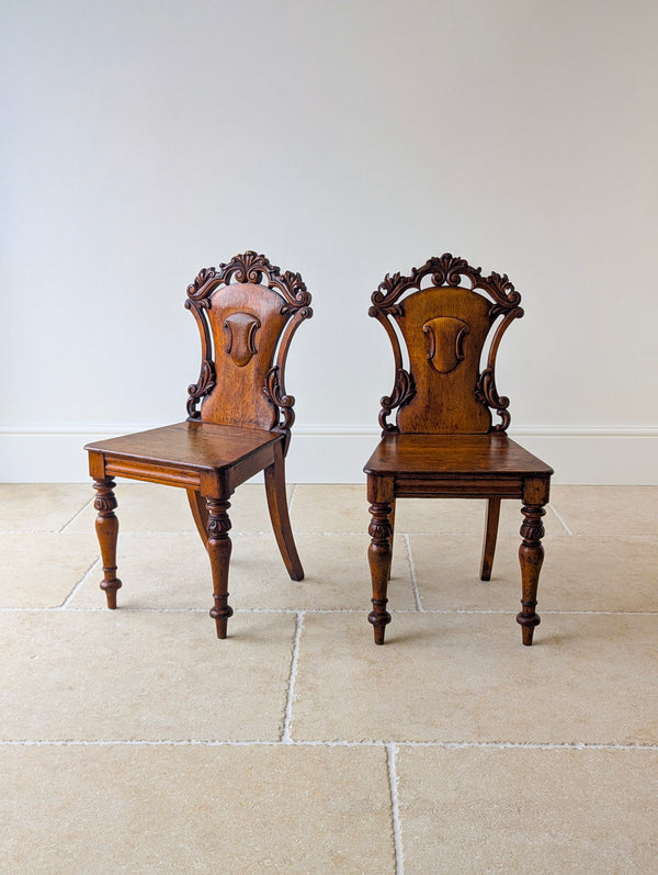 Pair of Antique Victorian Oak Hall Chairs c.1870