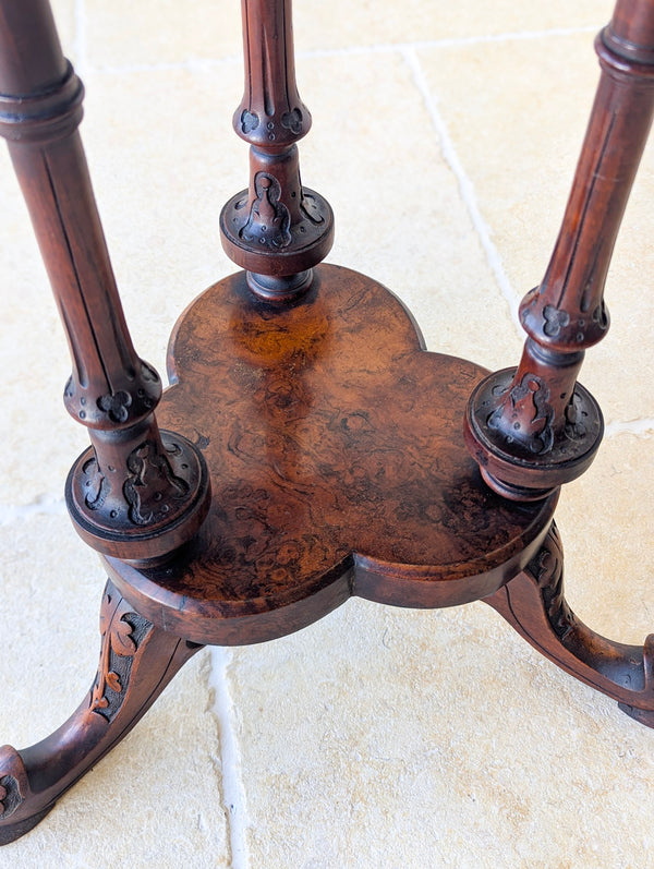 Antique Victorian Burr Walnut Trefoil Occasional Table c.1860
