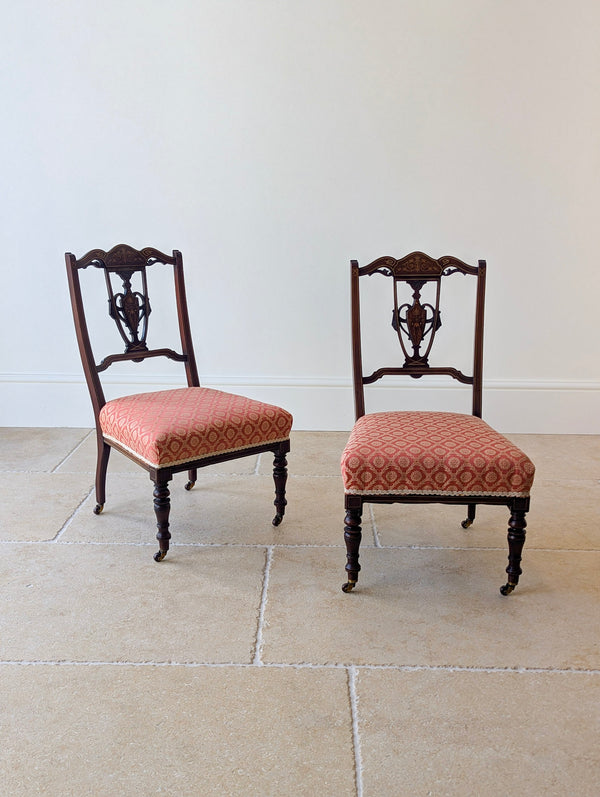 Pair of Antique Edwardian Sheraton Revival Mahogany Salon Chairs c.1905