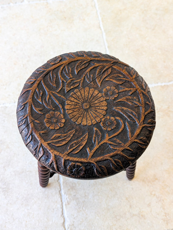 Antique Victorian Carved Oak Tripod Stool c.1890