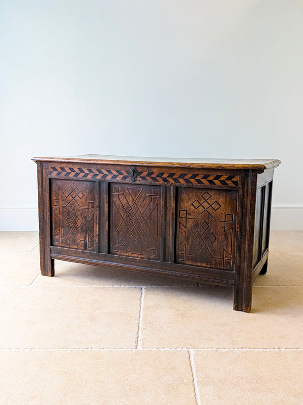 Antique Charles II West Yorkshire Inlaid Oak Coffer c.1680