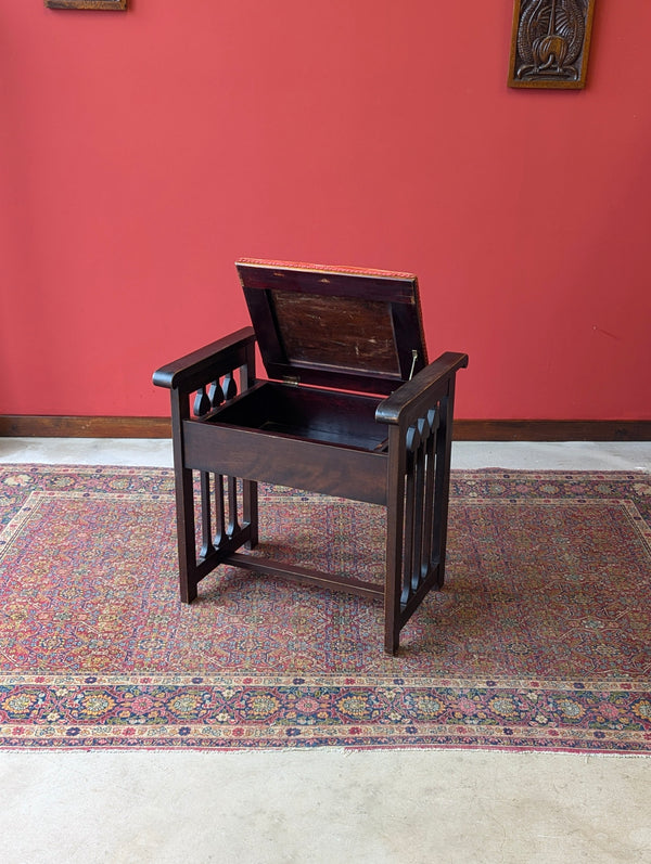 Antique Arts & Crafts Dark Oak Piano Stool with Storage