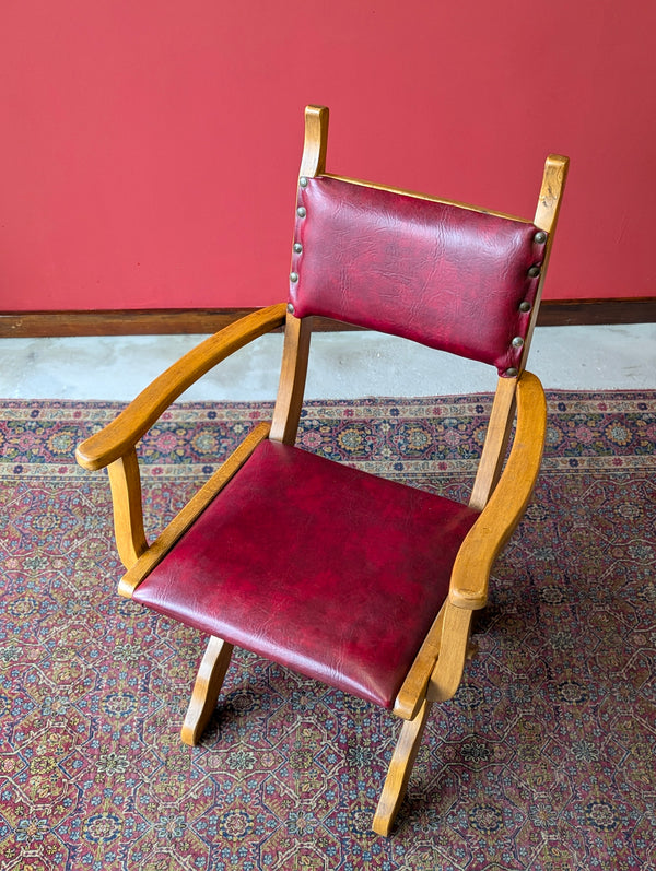 Mid Century Brutalist X-Frame Oak Desk Chair / Elbow Chair