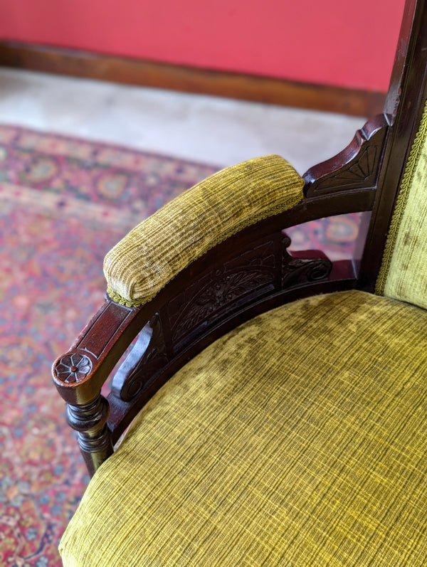 Antique Victorian Green Upholstered Mahogany Easy Chair / Cocktail Chair