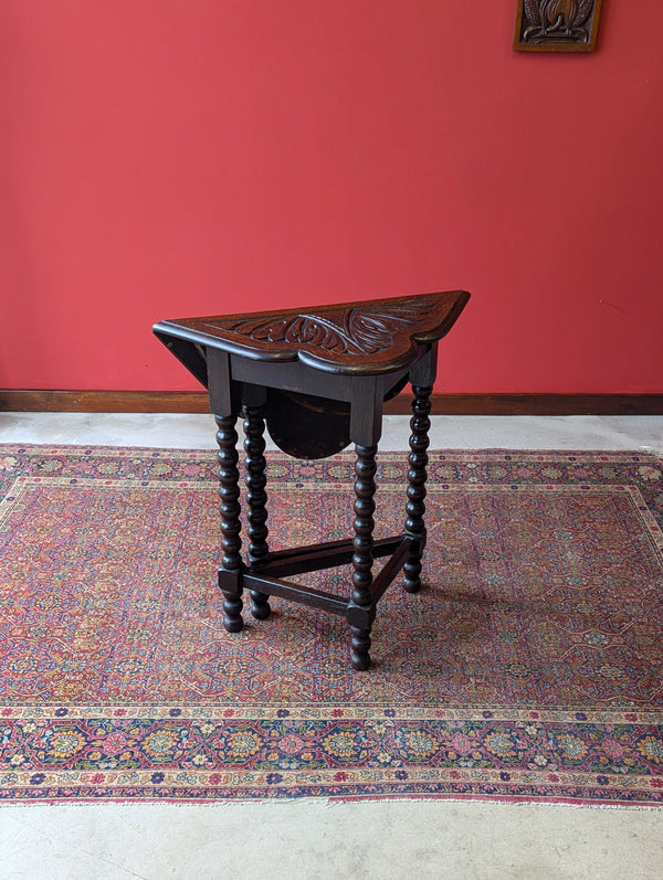 Antique Victorian Carved Oak Bobbin Drop Leaf Occasional Table