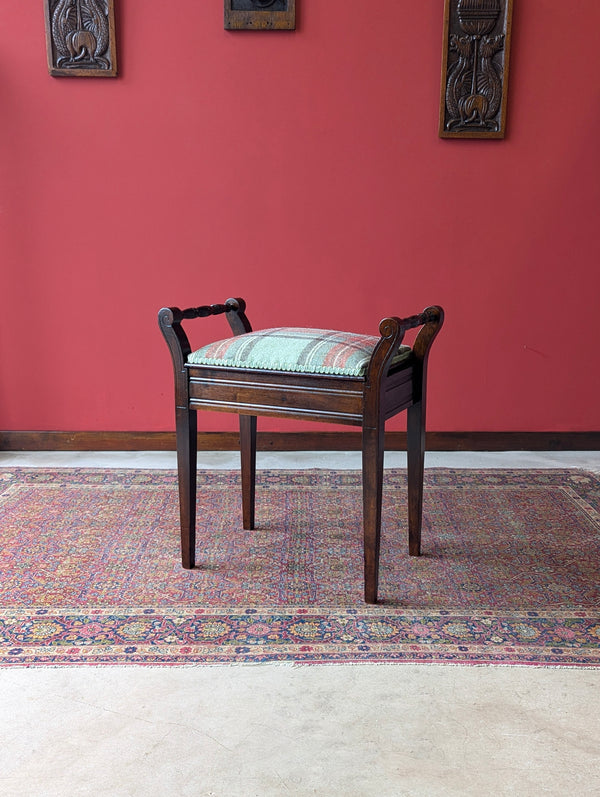 Antique Edwardian Dark Mahogany Tartan Upholstered Piano Stool with Storage