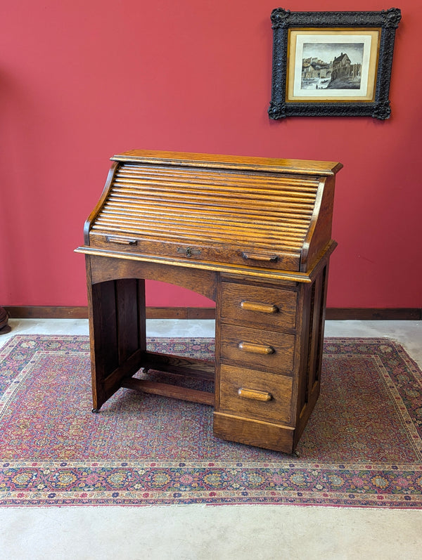 Antique Early 20th Century Golden Oak Roll Top Desk