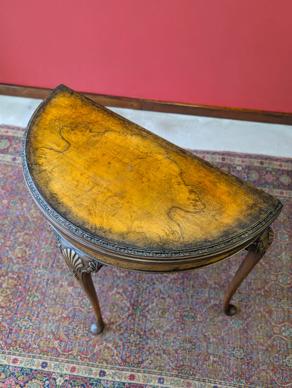 1930’s Burr Walnut Fold Over Demilune Card Table