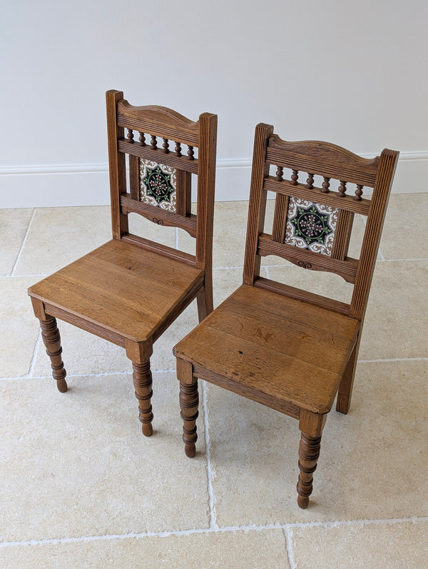 Antique Victorian Oak Side Chairs with Ceramic Tile Backs c.1890