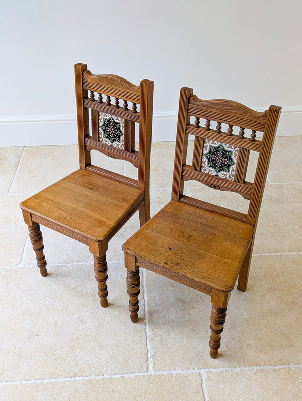 Antique Victorian Oak Tile-Back Hall Chairs c.1890