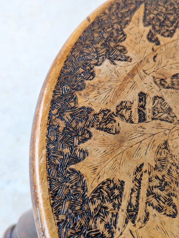 Antique Late Victorian Beech & Ash Pokerwork Stool c.1890