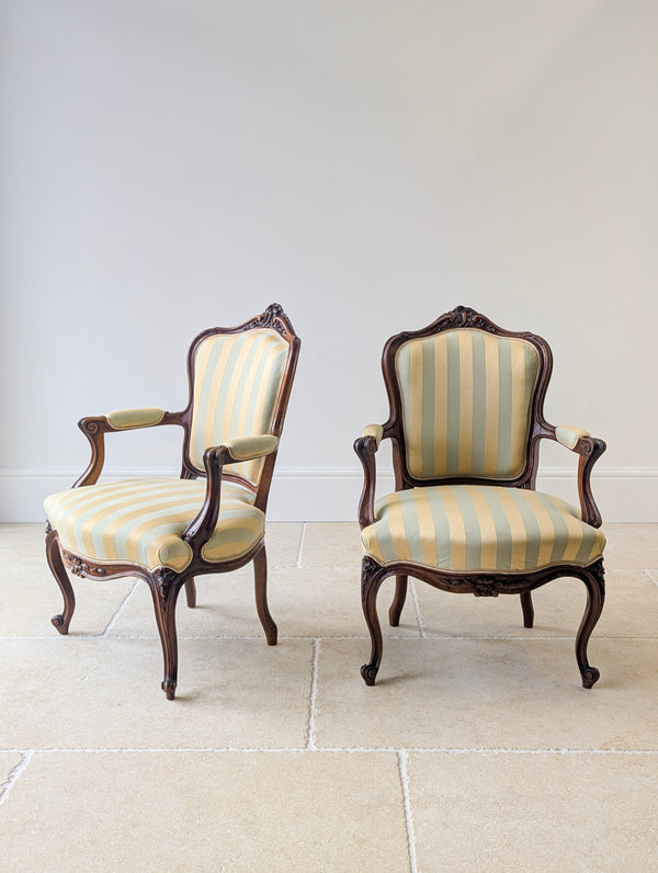 Pair of Antique Victorian Walnut Louis XV Style Open Armchairs c.1880