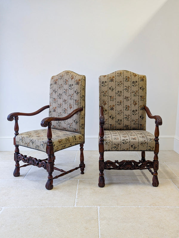 Pair of Antique Victorian Walnut Open Armchairs c.1890