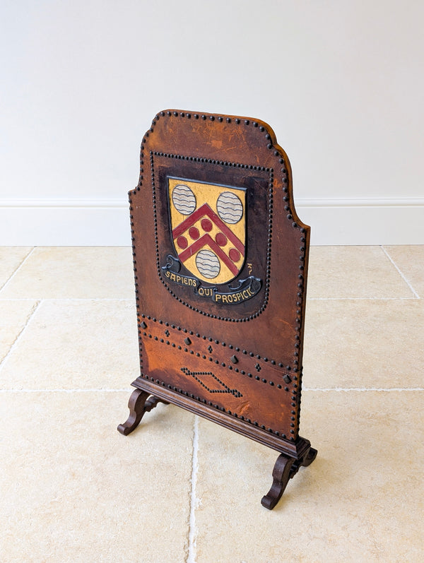Antique Oak & Leather Malvern College Heraldic Fire Screen c.1920