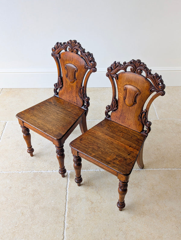 Pair of Antique Victorian Oak Hall Chairs c.1870
