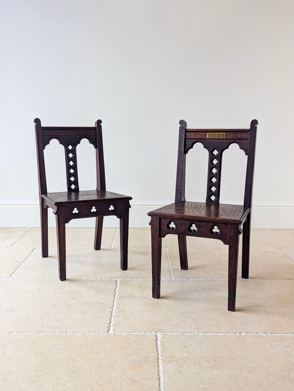 Antique Edwardian Gothic Revival Oak Church Chairs c.1911