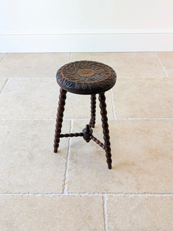 Antique Victorian Carved Oak Tripod Stool c.1890