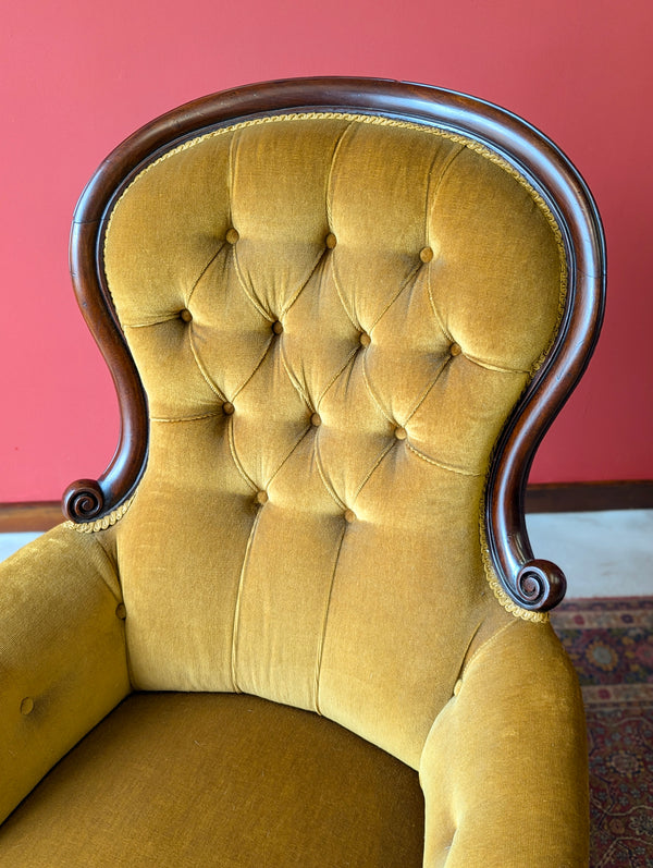 Antique Early Victorian Carved Mahogany Button Back Fireside Gentleman’s Armchair