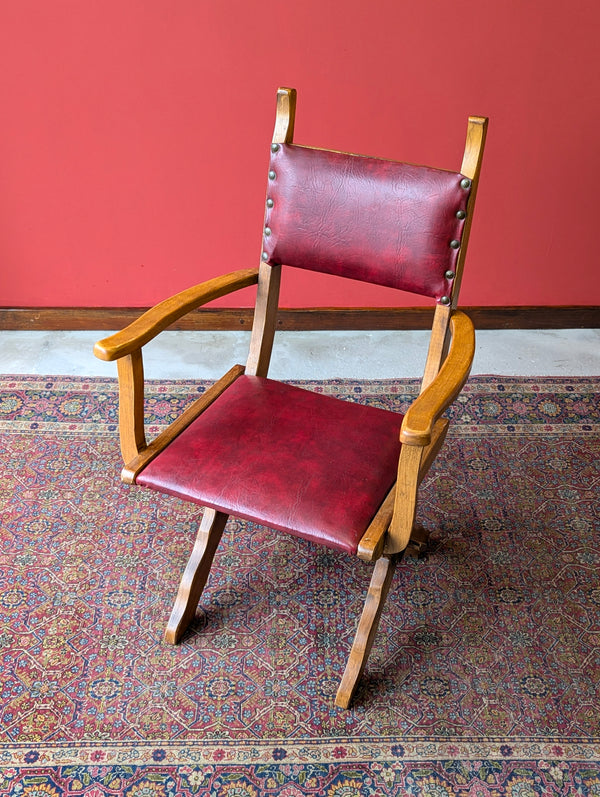 Mid Century Brutalist X-Frame Oak Desk Chair / Elbow Chair