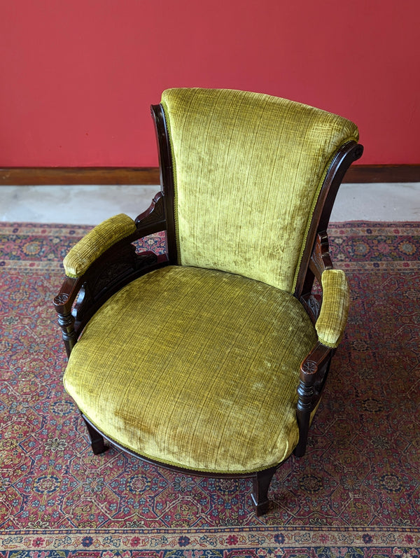 Antique Victorian Green Upholstered Mahogany Easy Chair / Cocktail Chair