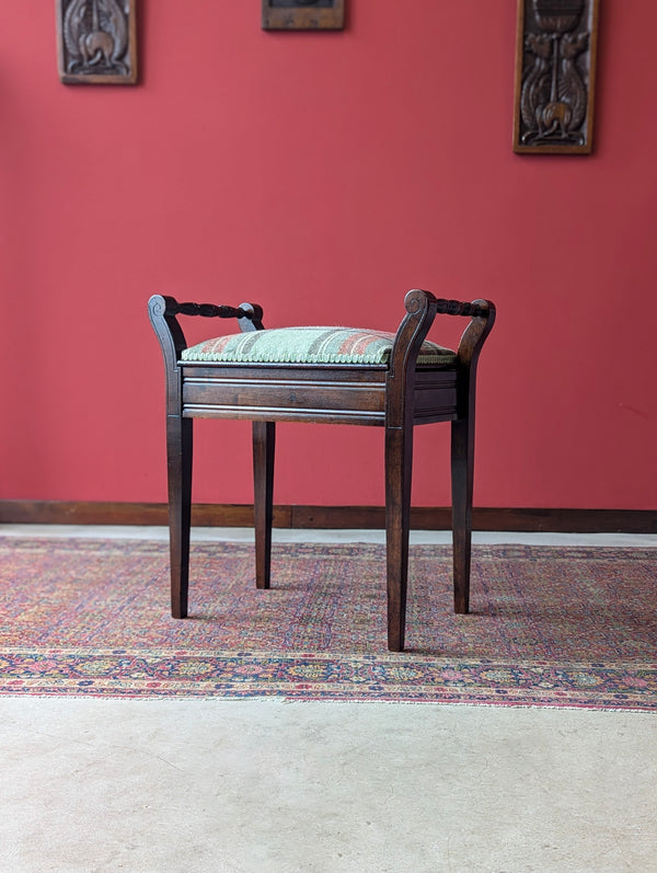 Antique Edwardian Dark Mahogany Tartan Upholstered Piano Stool with Storage