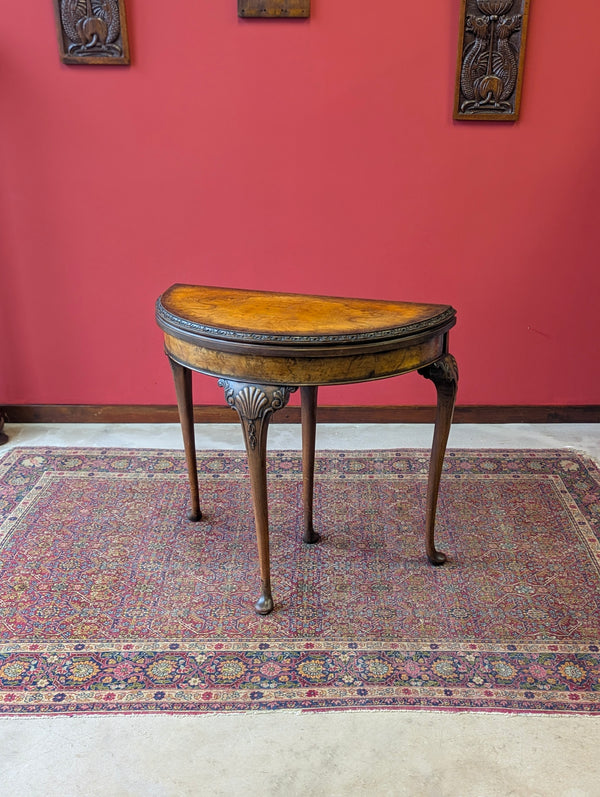 1930’s Burr Walnut Fold Over Demilune Card Table