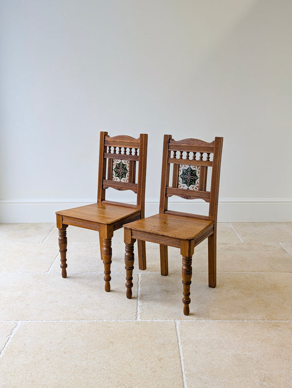 Antique Victorian Oak Tile-Back Hall Chairs c.1890