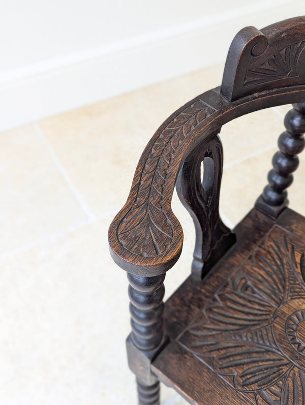 Antique Victorian Carved Oak Bobbin Corner Chair c.1890