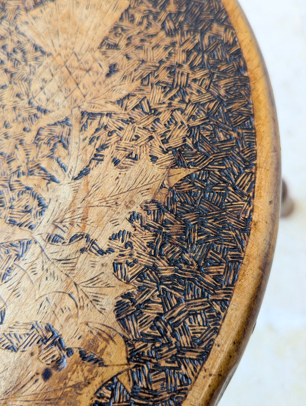 Antique Late Victorian Beech & Ash Pokerwork Stool c.1890