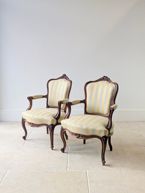 Pair of Antique Victorian Walnut Louis XV Style Open Armchairs c.1880