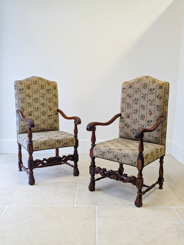 Pair of Antique Victorian Walnut Open Armchairs c.1890