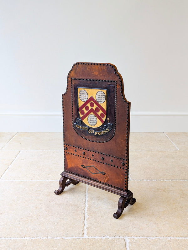 Antique Oak & Leather Malvern College Heraldic Fire Screen c.1920