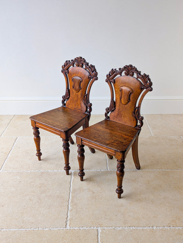 Pair of Antique Victorian Oak Hall Chairs c.1870